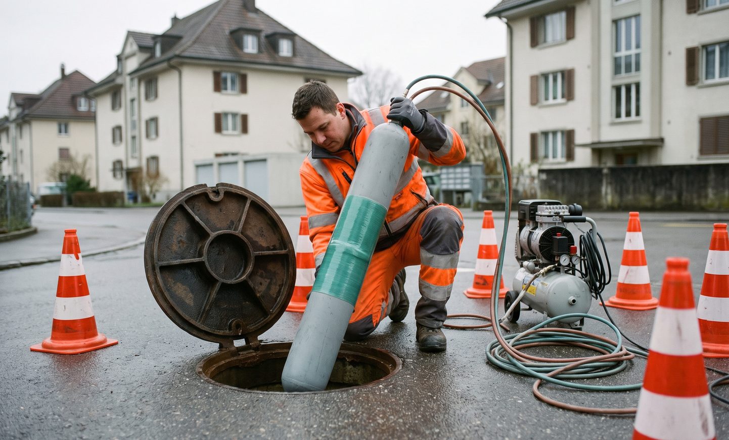 Techniker setzt einen Packer mit PartLiner in den Schacht