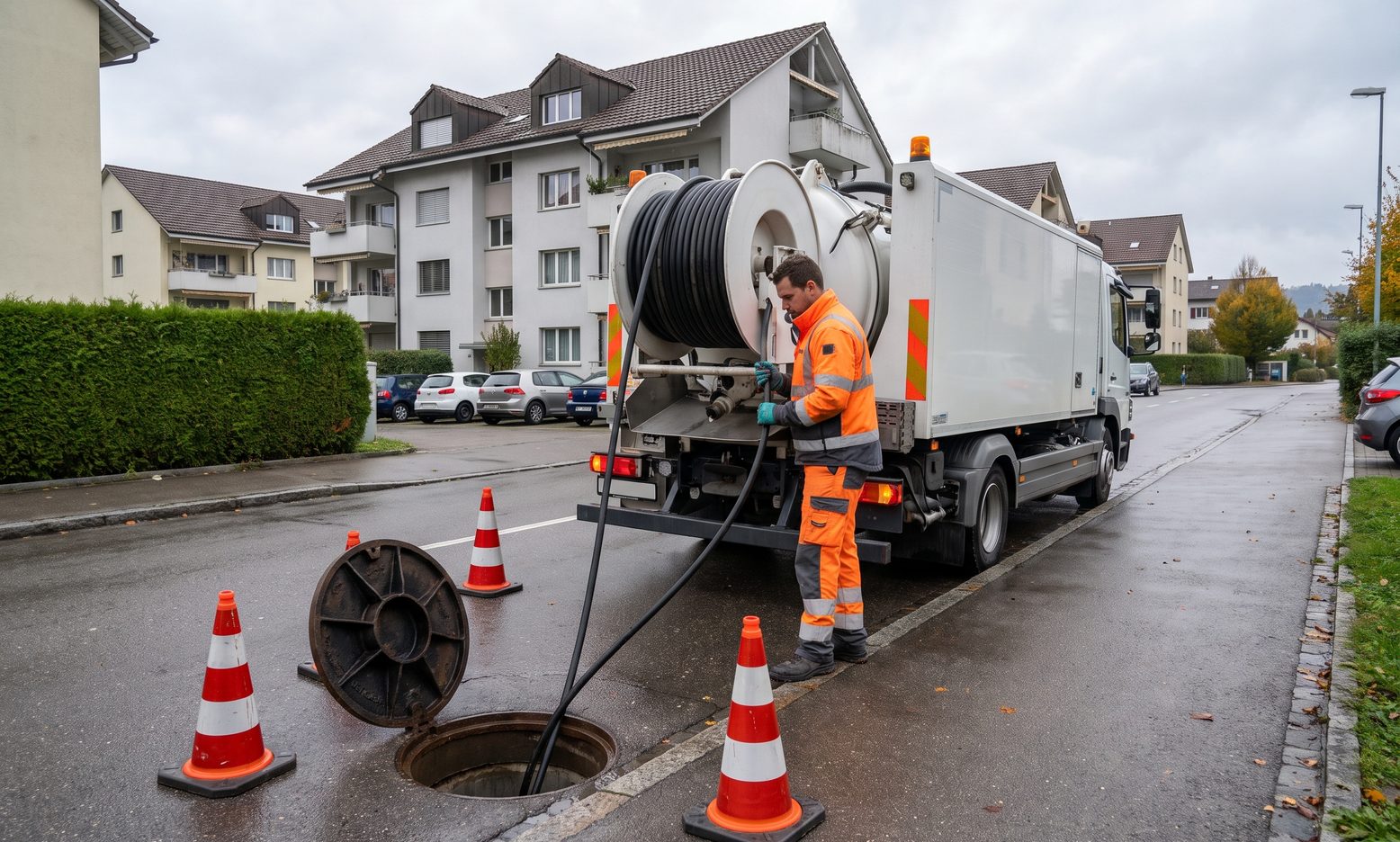 Saug-Spülfahrzeug bei der Kanalreinigung am Schacht